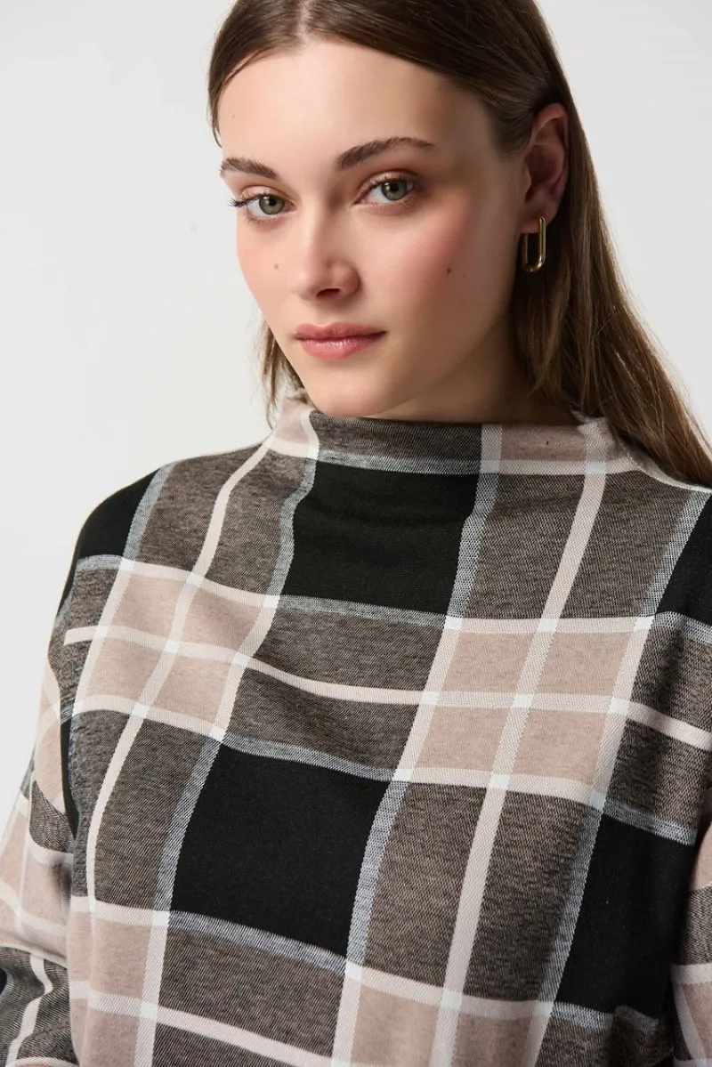 Plaid Jacquard Knit Mock Neck Top in Black/Multi 234133 by Joseph Ribkoff