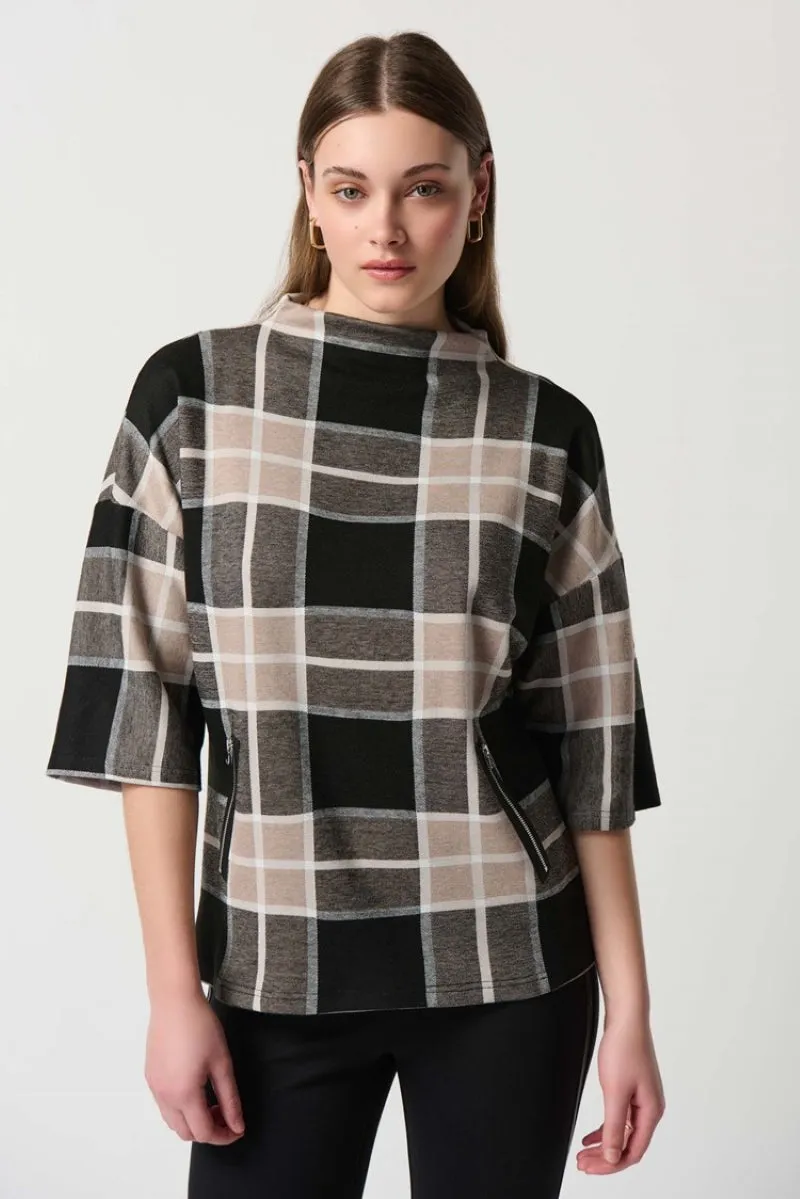 Plaid Jacquard Knit Mock Neck Top in Black/Multi 234133 by Joseph Ribkoff