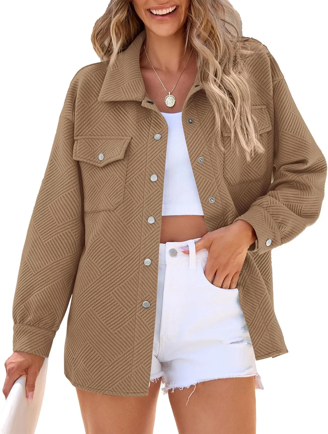 PRETTYGARDEN Women's Oversized Shacket Jackets Spring Fall Fashion Clothes Casual Long Sleeve Loose Collared Blouse Shirts