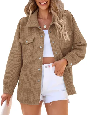 PRETTYGARDEN Women's Oversized Shacket Jackets Spring Fall Fashion Clothes Casual Long Sleeve Loose Collared Blouse Shirts