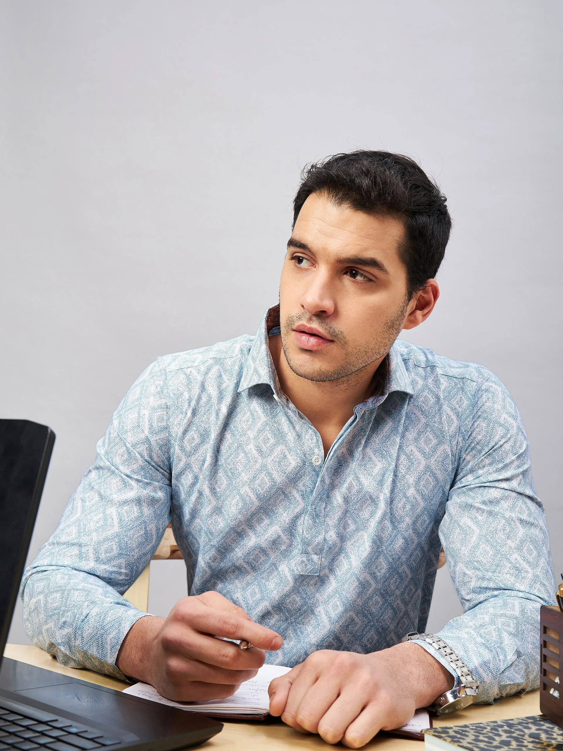 Regular Fit Semi Formal Graphic Blue Shirt For Men