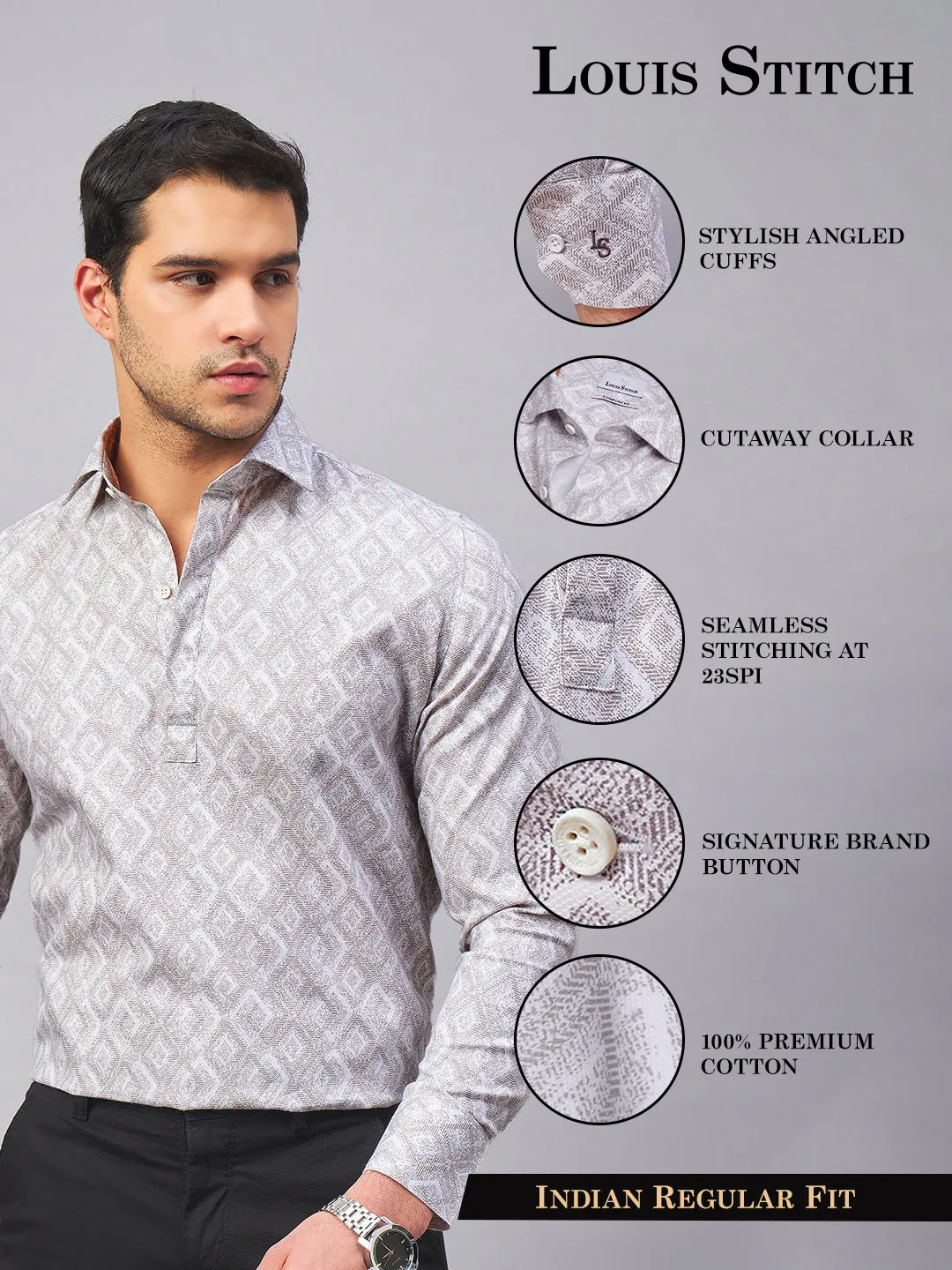 Regular Fit Semi Formal Graphic Brown Shirt For Men