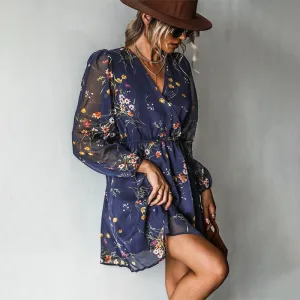 Summer Chic Floral V-neck Long Sleeve Mini Dress with Elastic Waist