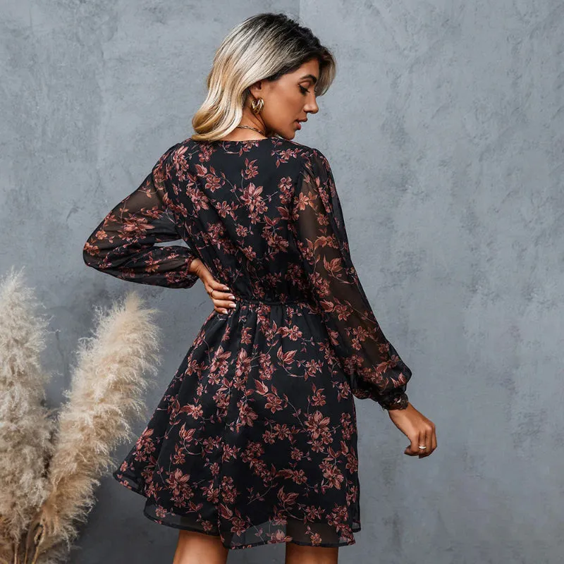 Summer Chic Floral V-neck Long Sleeve Mini Dress with Elastic Waist