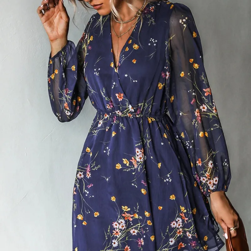 Summer Chic Floral V-neck Long Sleeve Mini Dress with Elastic Waist
