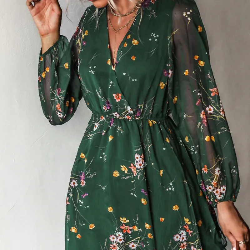 Summer Chic Floral V-neck Long Sleeve Mini Dress with Elastic Waist