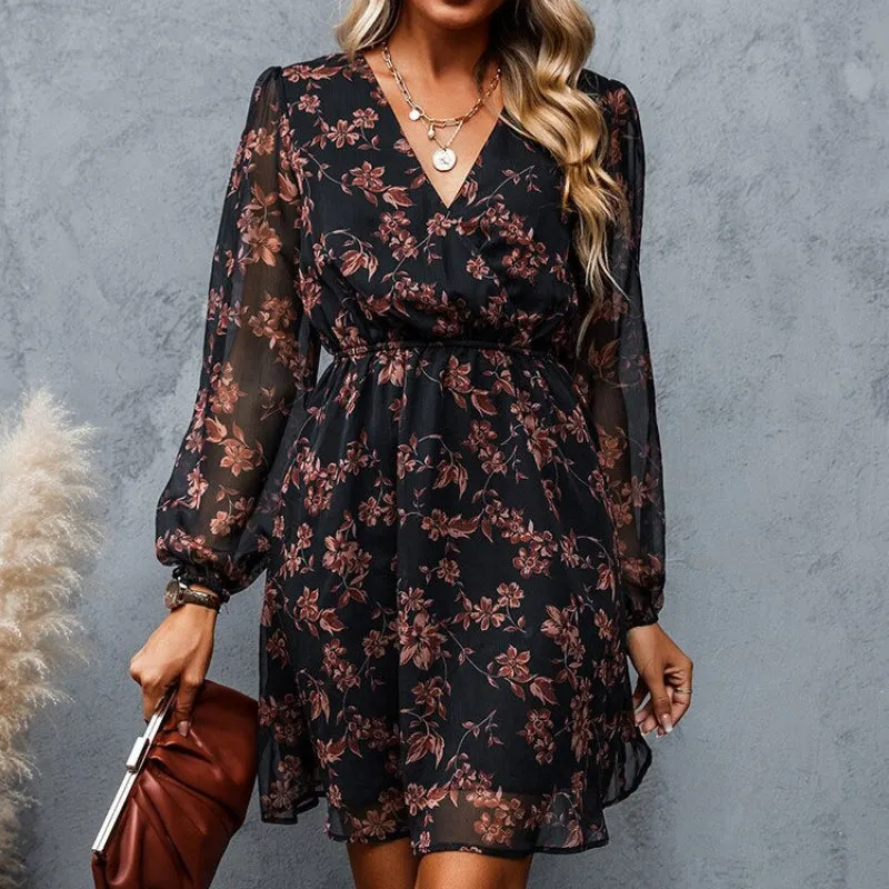 Summer Chic Floral V-neck Long Sleeve Mini Dress with Elastic Waist