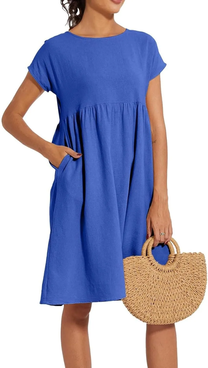 Tshirt Dress Women Plus Size Summer Casual Pleated Flowy Linen Midi Dresses Short Sleeve T Shirt Dress with Pockets