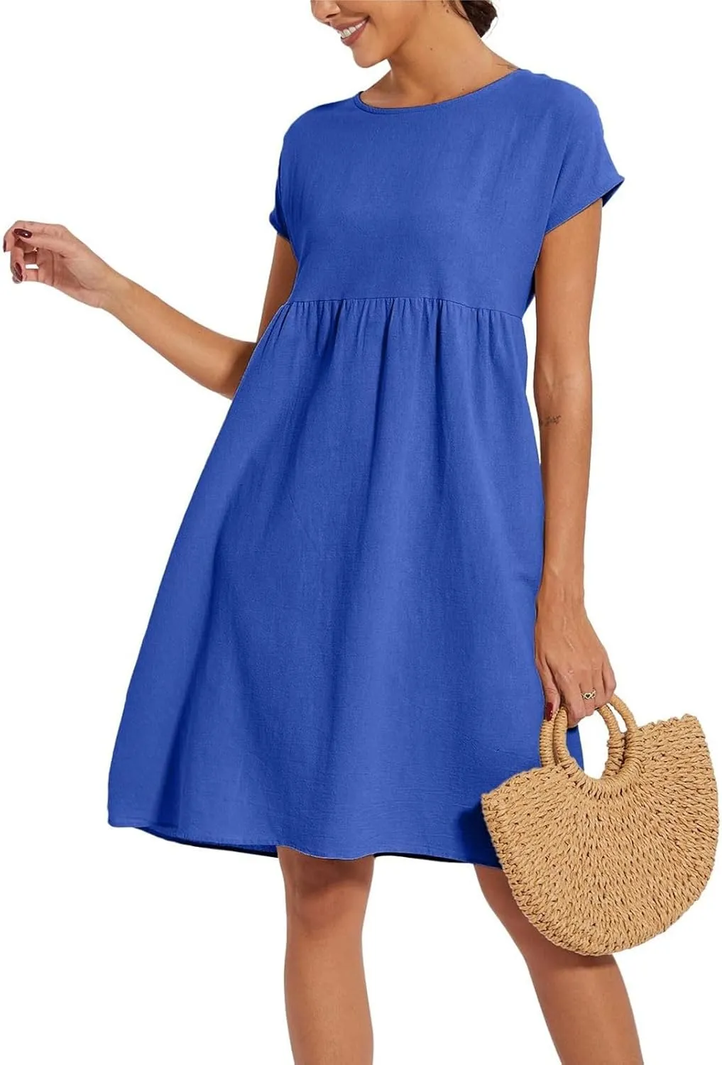 Tshirt Dress Women Plus Size Summer Casual Pleated Flowy Linen Midi Dresses Short Sleeve T Shirt Dress with Pockets
