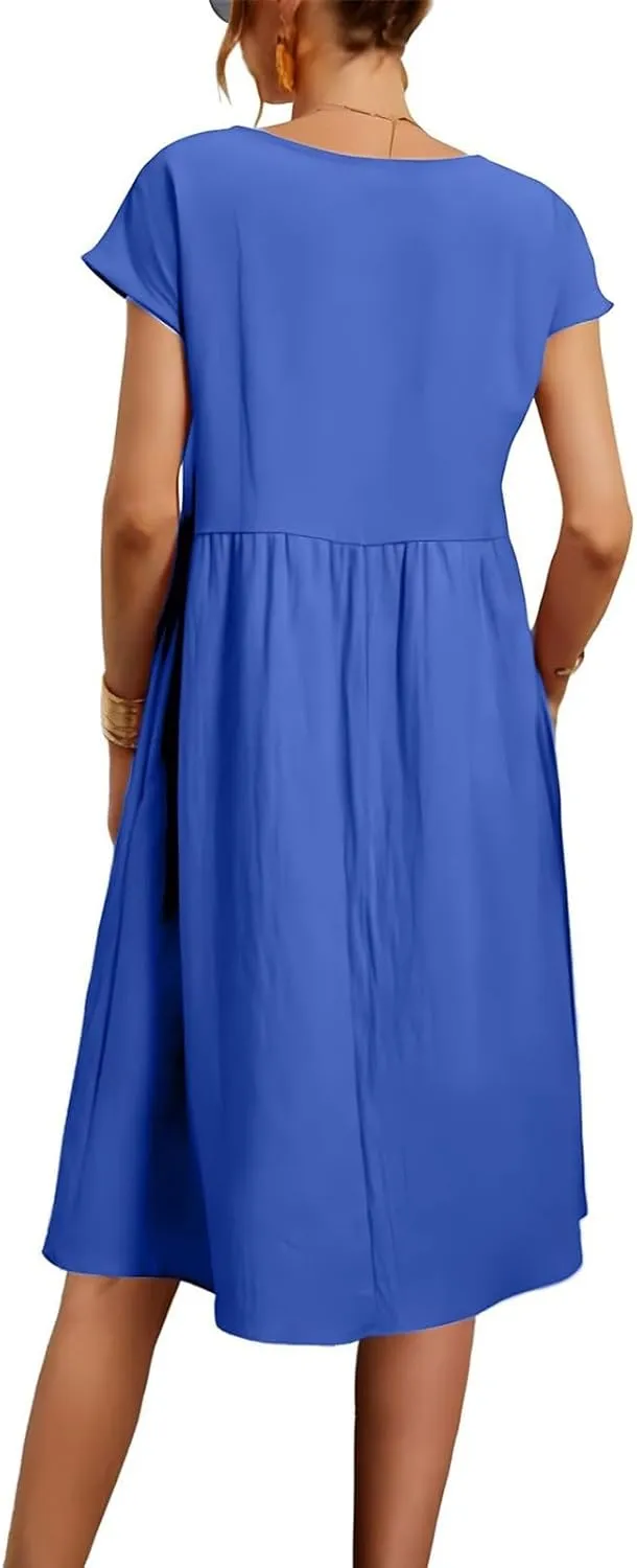 Tshirt Dress Women Plus Size Summer Casual Pleated Flowy Linen Midi Dresses Short Sleeve T Shirt Dress with Pockets