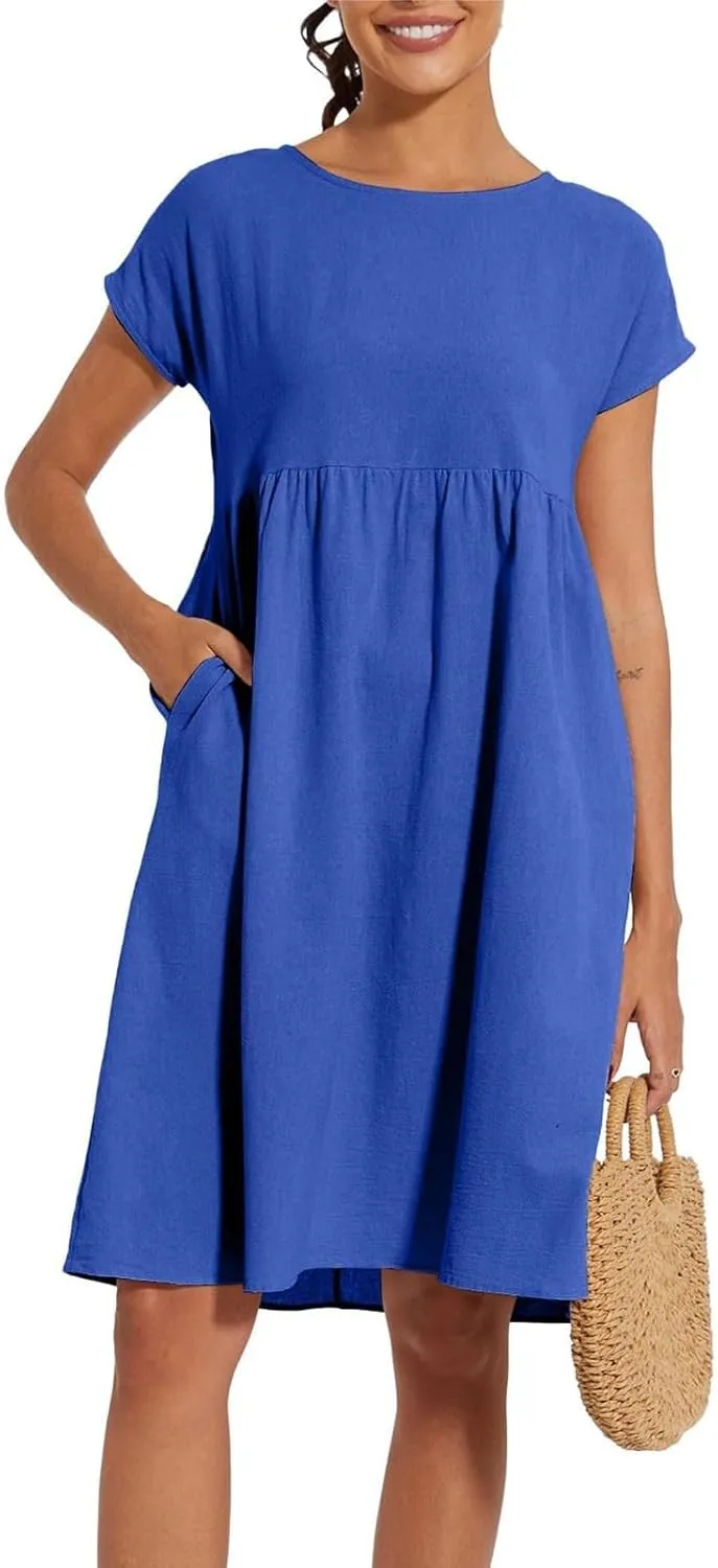 Tshirt Dress Women Plus Size Summer Casual Pleated Flowy Linen Midi Dresses Short Sleeve T Shirt Dress with Pockets