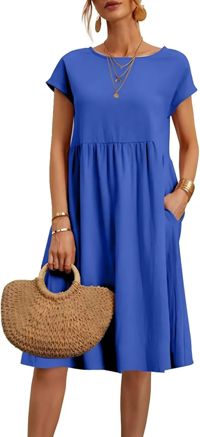 Tshirt Dress Women Plus Size Summer Casual Pleated Flowy Linen Midi Dresses Short Sleeve T Shirt Dress with Pockets