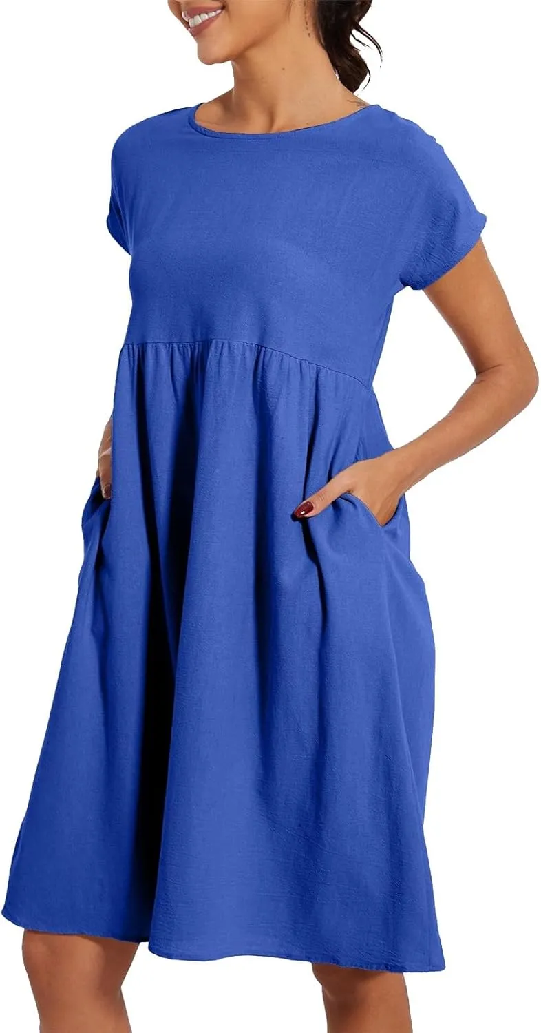 Tshirt Dress Women Plus Size Summer Casual Pleated Flowy Linen Midi Dresses Short Sleeve T Shirt Dress with Pockets
