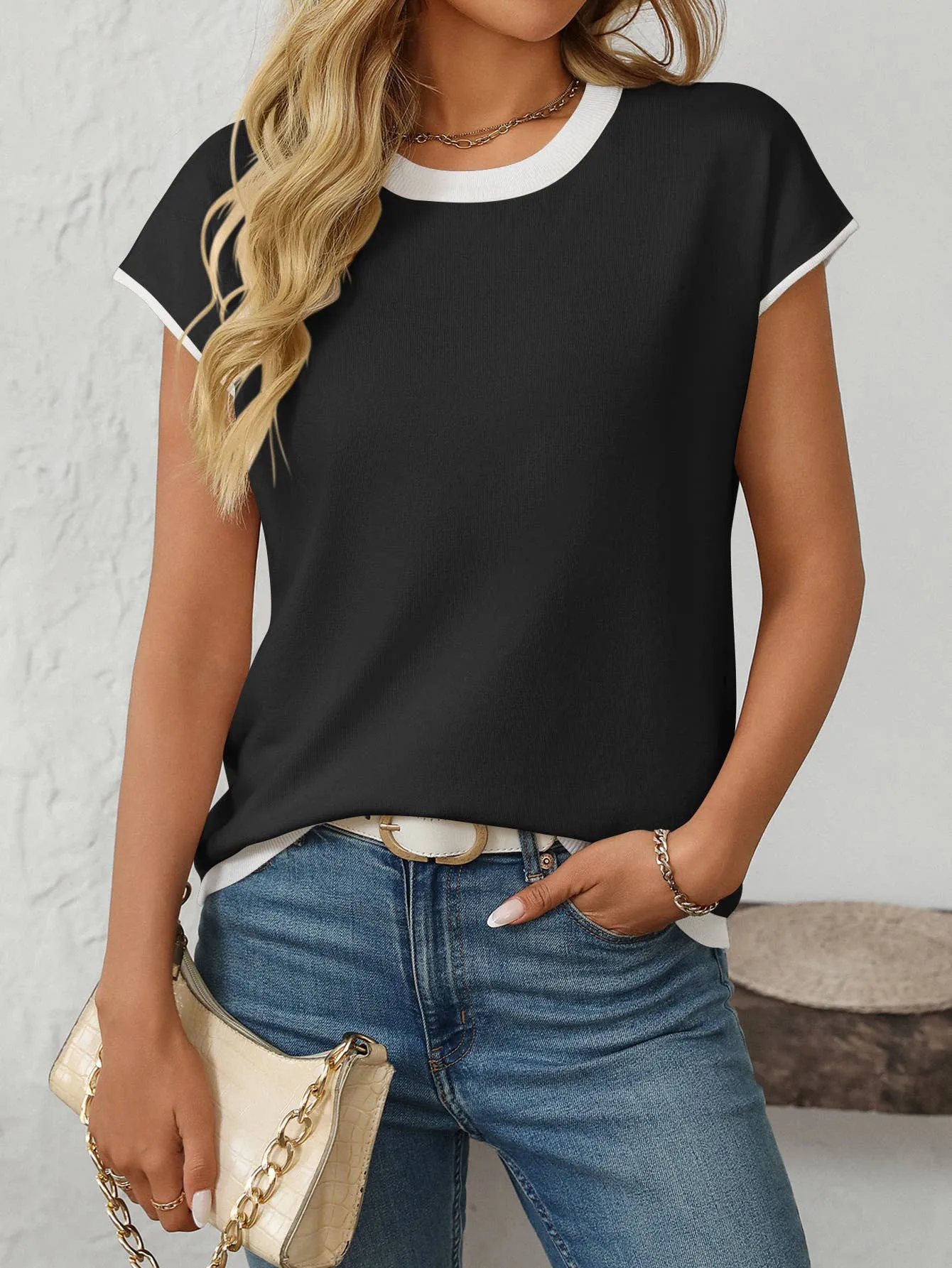 Two Tone Short Sleeve Knit Top