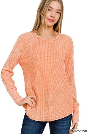 Waffley Yours Light Orange Long Sleeve Waffle Top (Size Large)