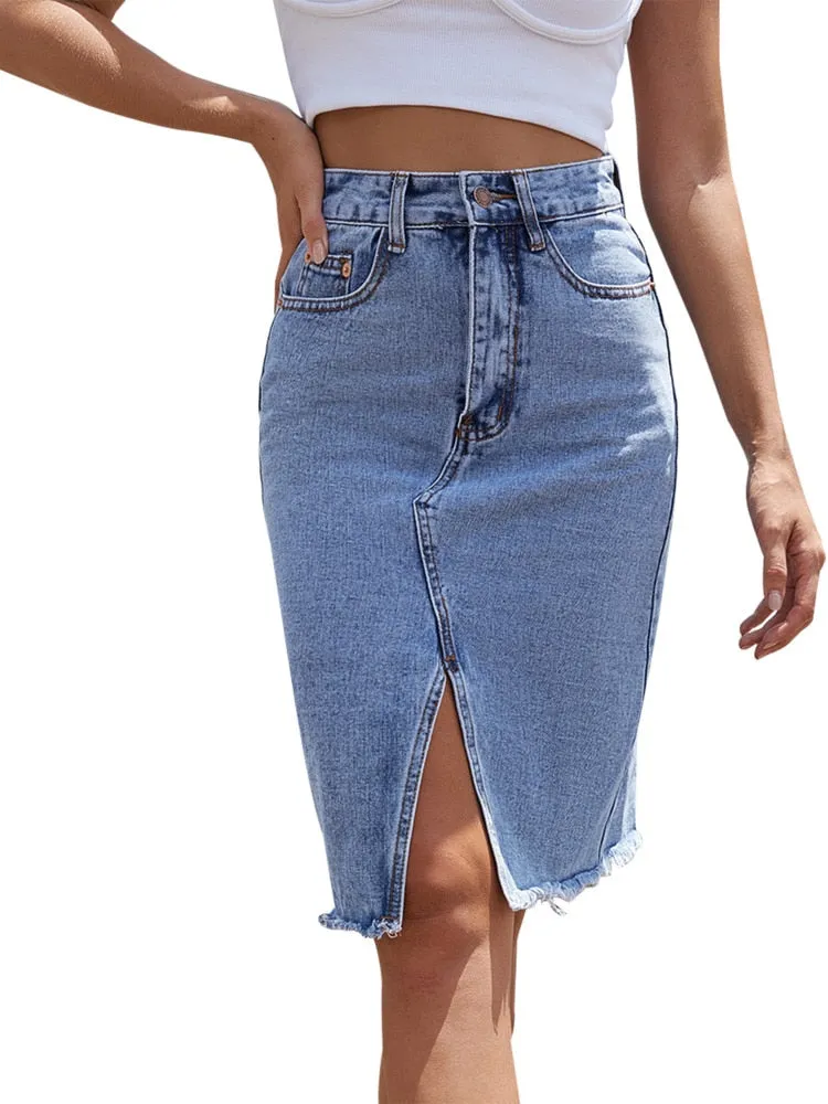 Women High Waist Denim Skirts Summer Mid-length Irregular Jeans Skirt
