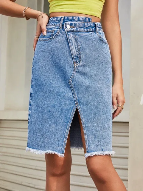 Women High Waist Denim Skirts Summer Mid-length Irregular Jeans Skirt