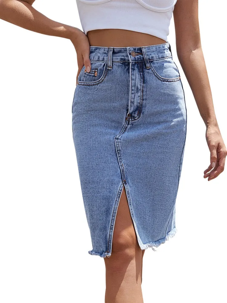 Women High Waist Denim Skirts Summer Mid-length Irregular Jeans Skirt