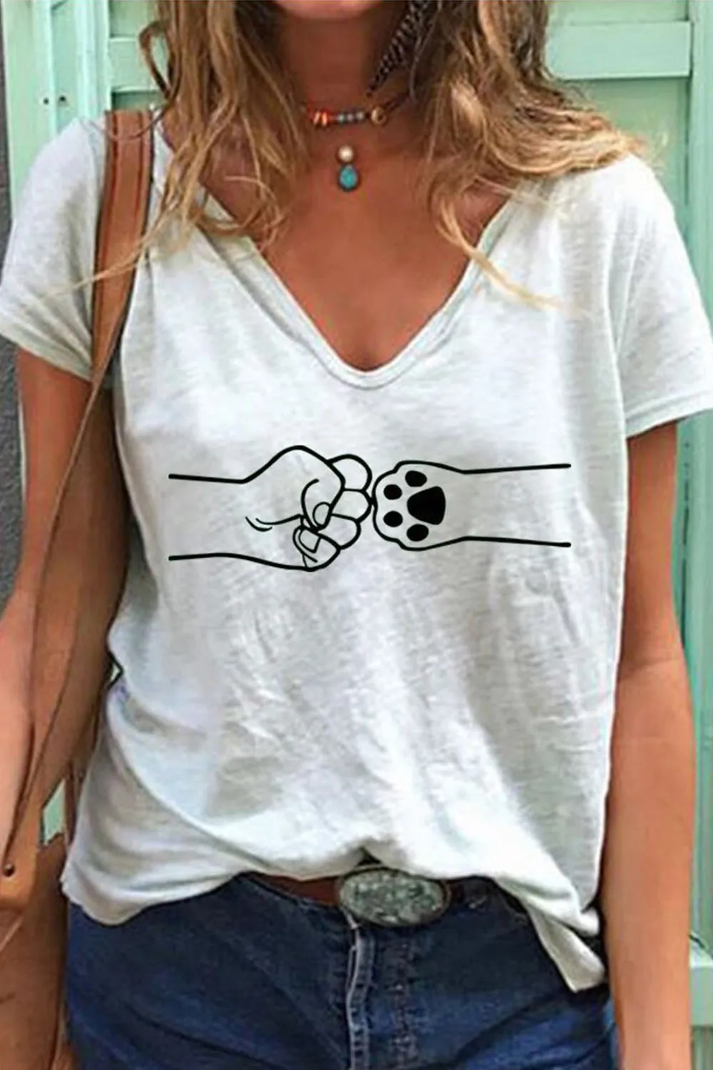 Women's Dog Paw V-neck loose T-shirt