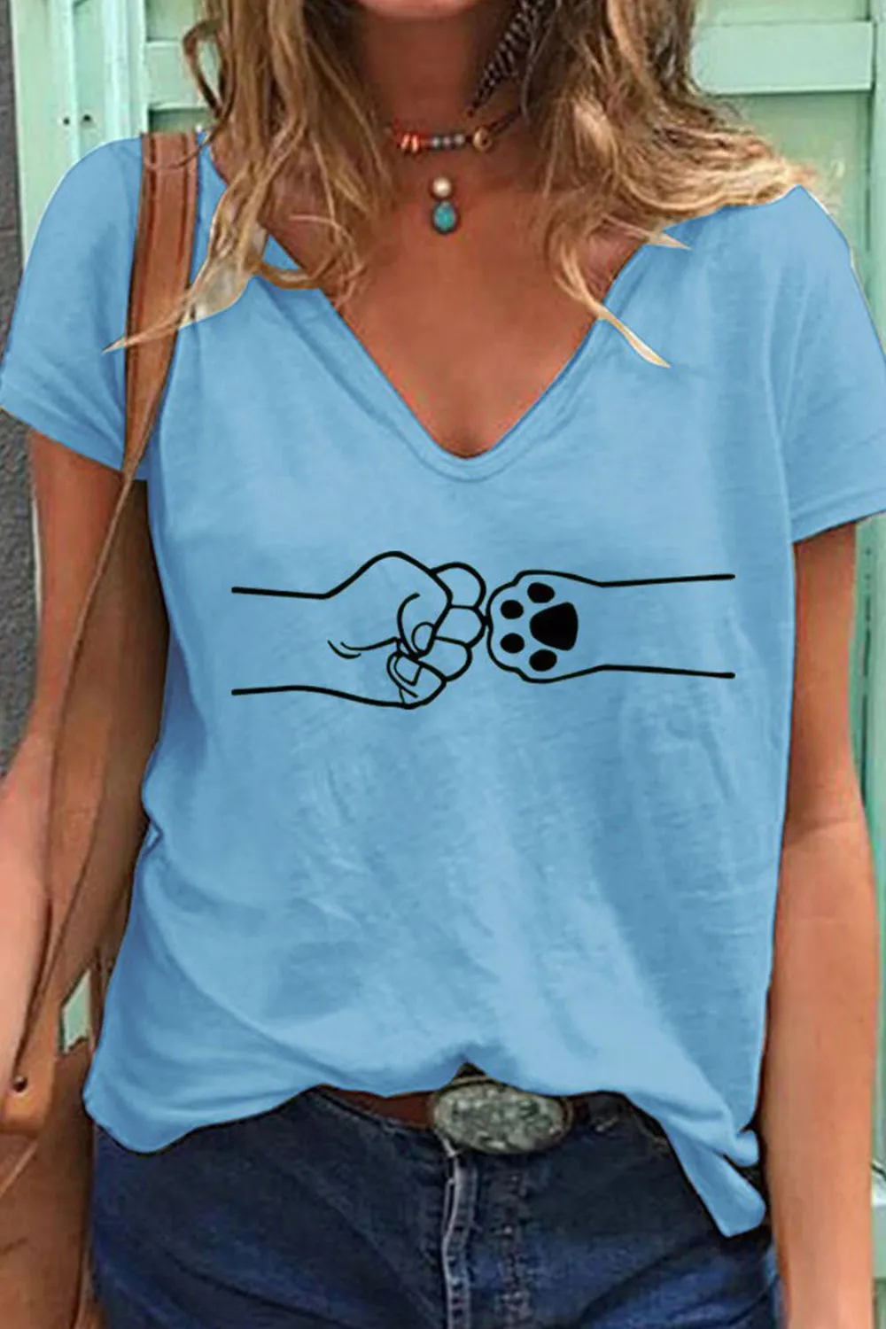 Women's Dog Paw V-neck loose T-shirt