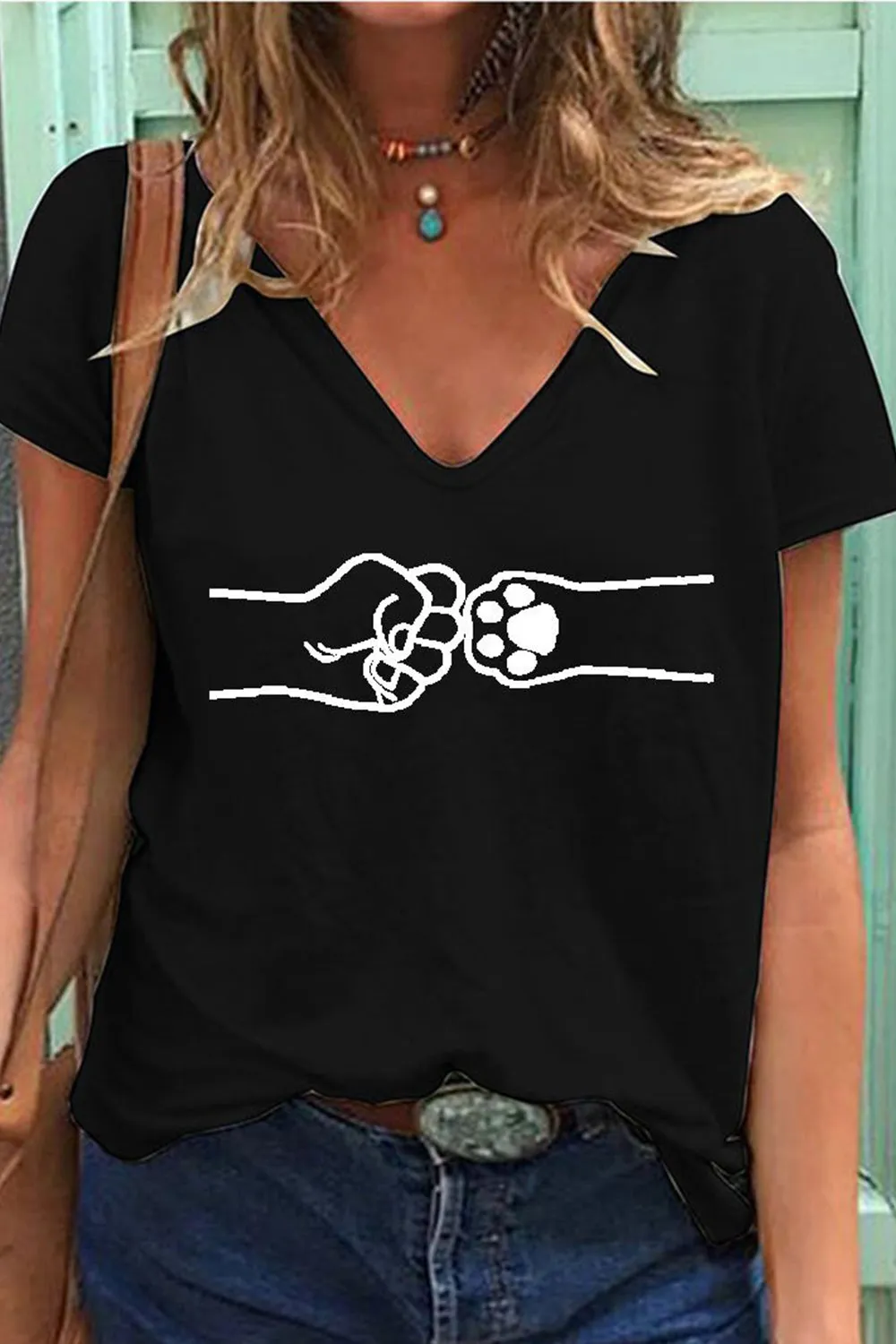 Women's Dog Paw V-neck loose T-shirt