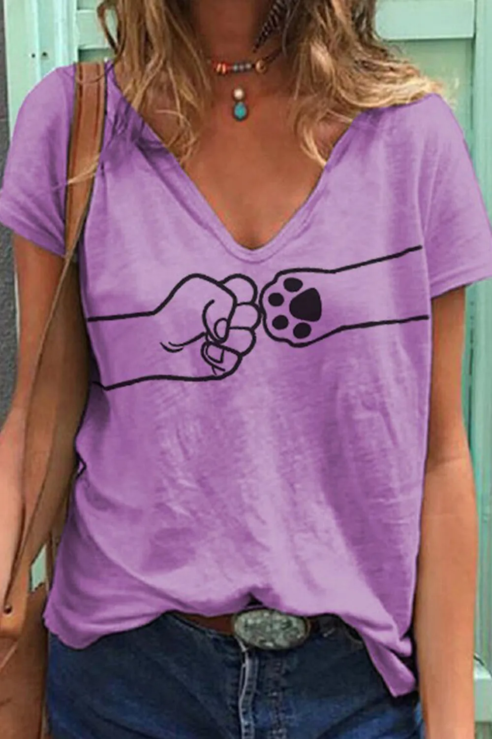 Women's Dog Paw V-neck loose T-shirt