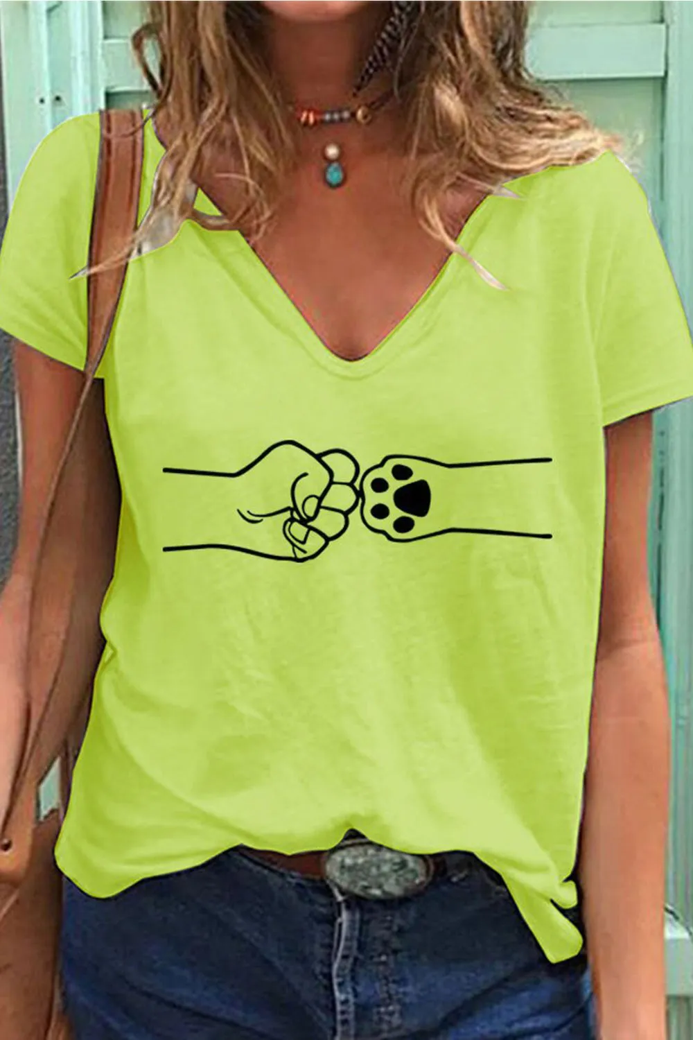 Women's Dog Paw V-neck loose T-shirt