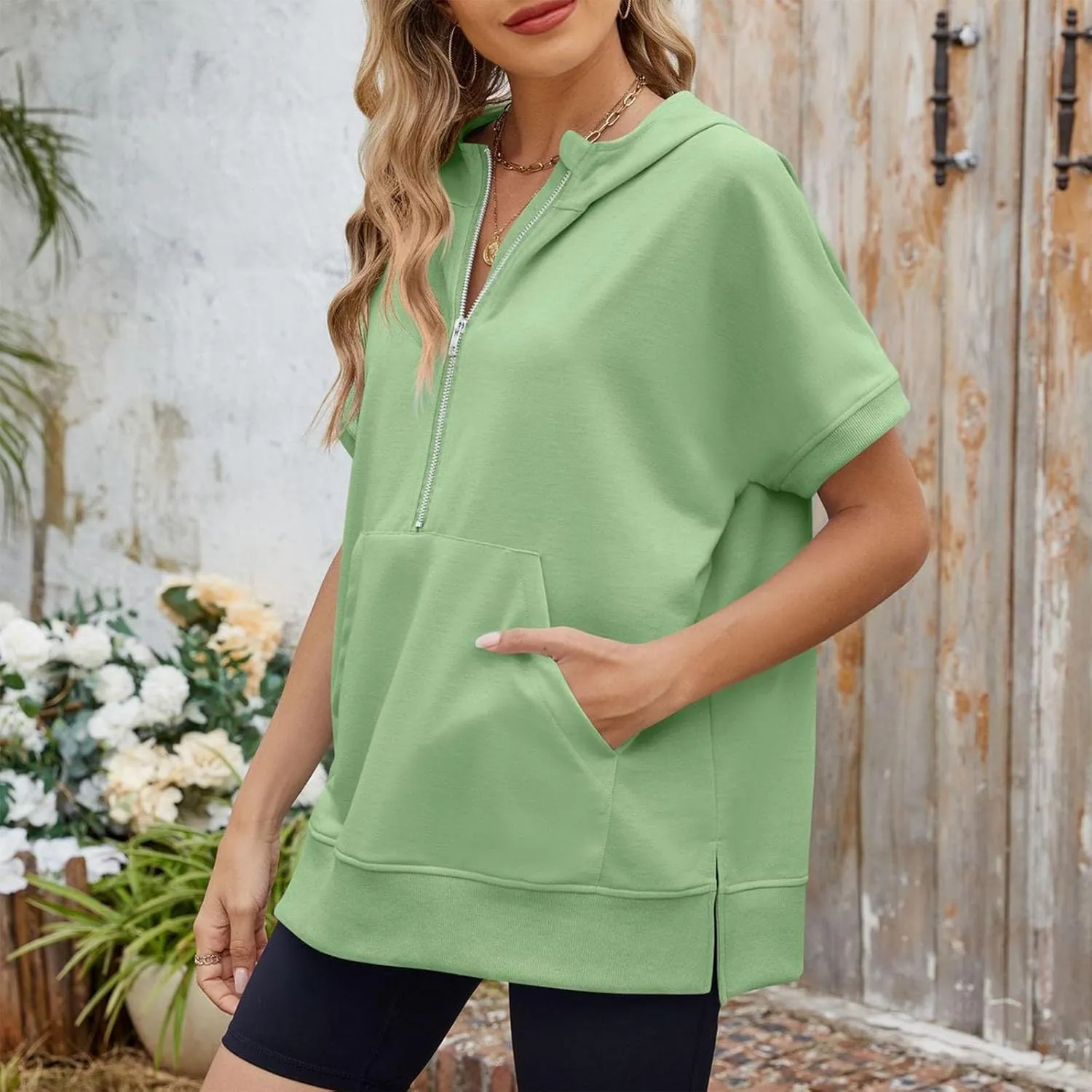 Women's Oversized Hoodies Short Sleeve T Shirts Loose Fit Tops V Neck Tees