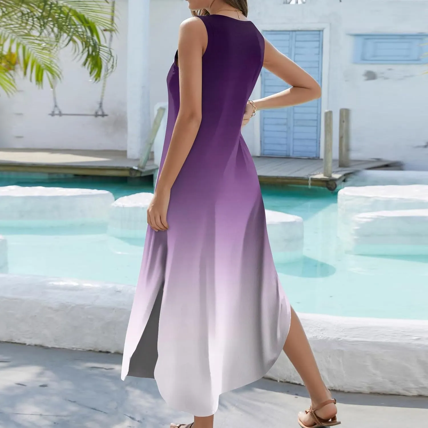 Women's Summer Casual Loose Dresses 2024 Floral Print Sleeveless Beach Sundress V Neck Split Tshirt Maxi Dresses