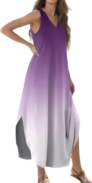 Women's Summer Casual Loose Dresses 2024 Floral Print Sleeveless Beach Sundress V Neck Split Tshirt Maxi Dresses