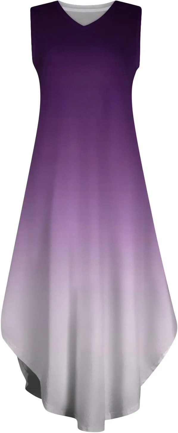 Women's Summer Casual Loose Dresses 2024 Floral Print Sleeveless Beach Sundress V Neck Split Tshirt Maxi Dresses