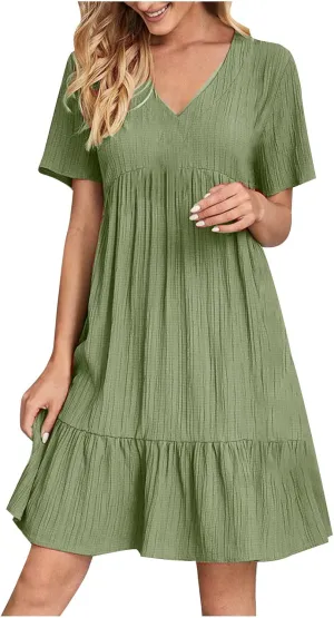 Women's Summer Dress 2024 Loose Crew Neck Short Sleeve Solid Sundress Casual Pleated Flowy Beach Mini Dresses