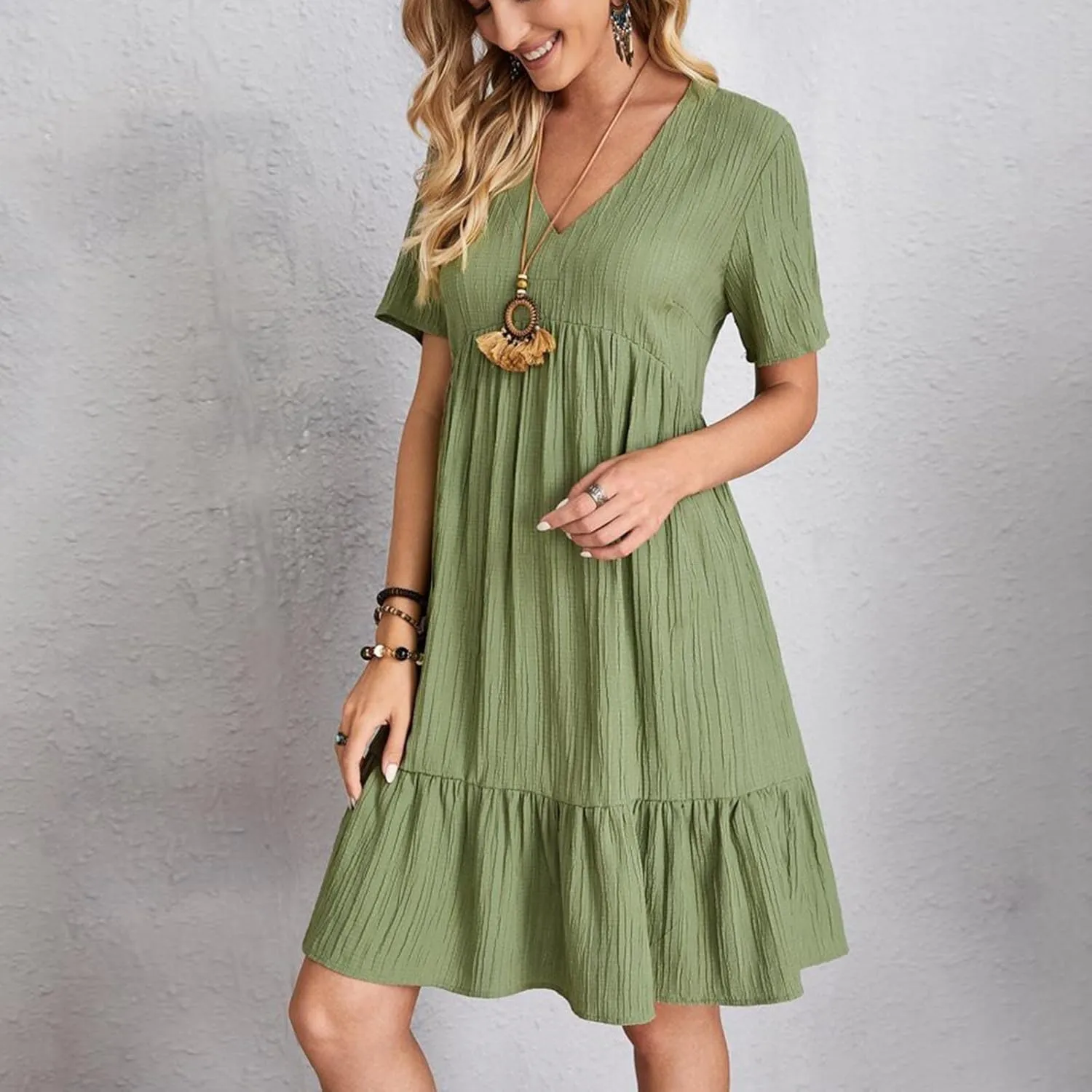 Women's Summer Dress 2024 Loose Crew Neck Short Sleeve Solid Sundress Casual Pleated Flowy Beach Mini Dresses