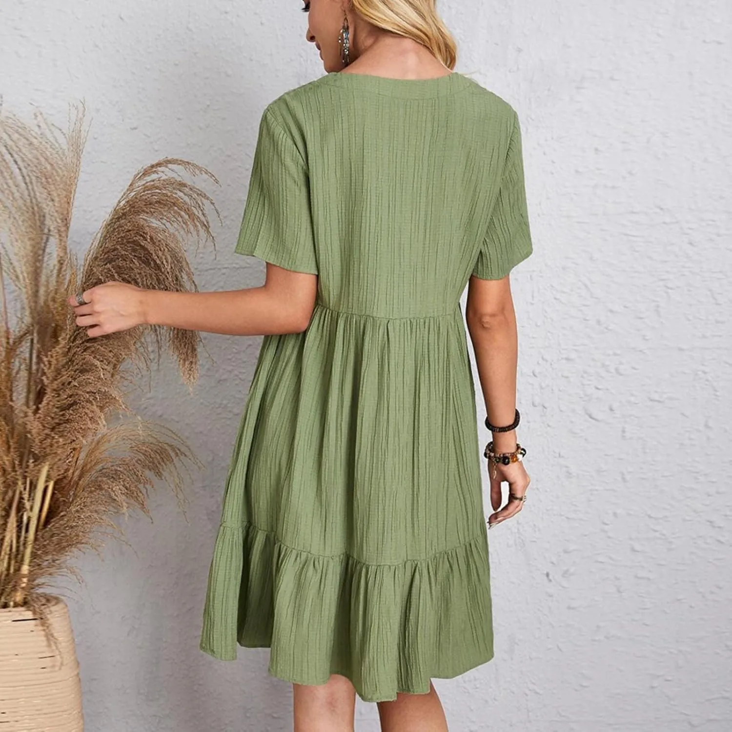 Women's Summer Dress 2024 Loose Crew Neck Short Sleeve Solid Sundress Casual Pleated Flowy Beach Mini Dresses