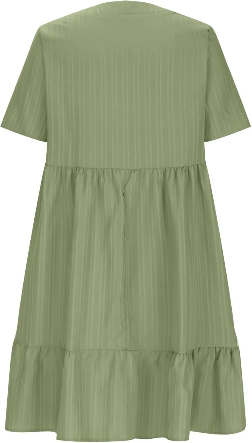 Women's Summer Dress 2024 Loose Crew Neck Short Sleeve Solid Sundress Casual Pleated Flowy Beach Mini Dresses
