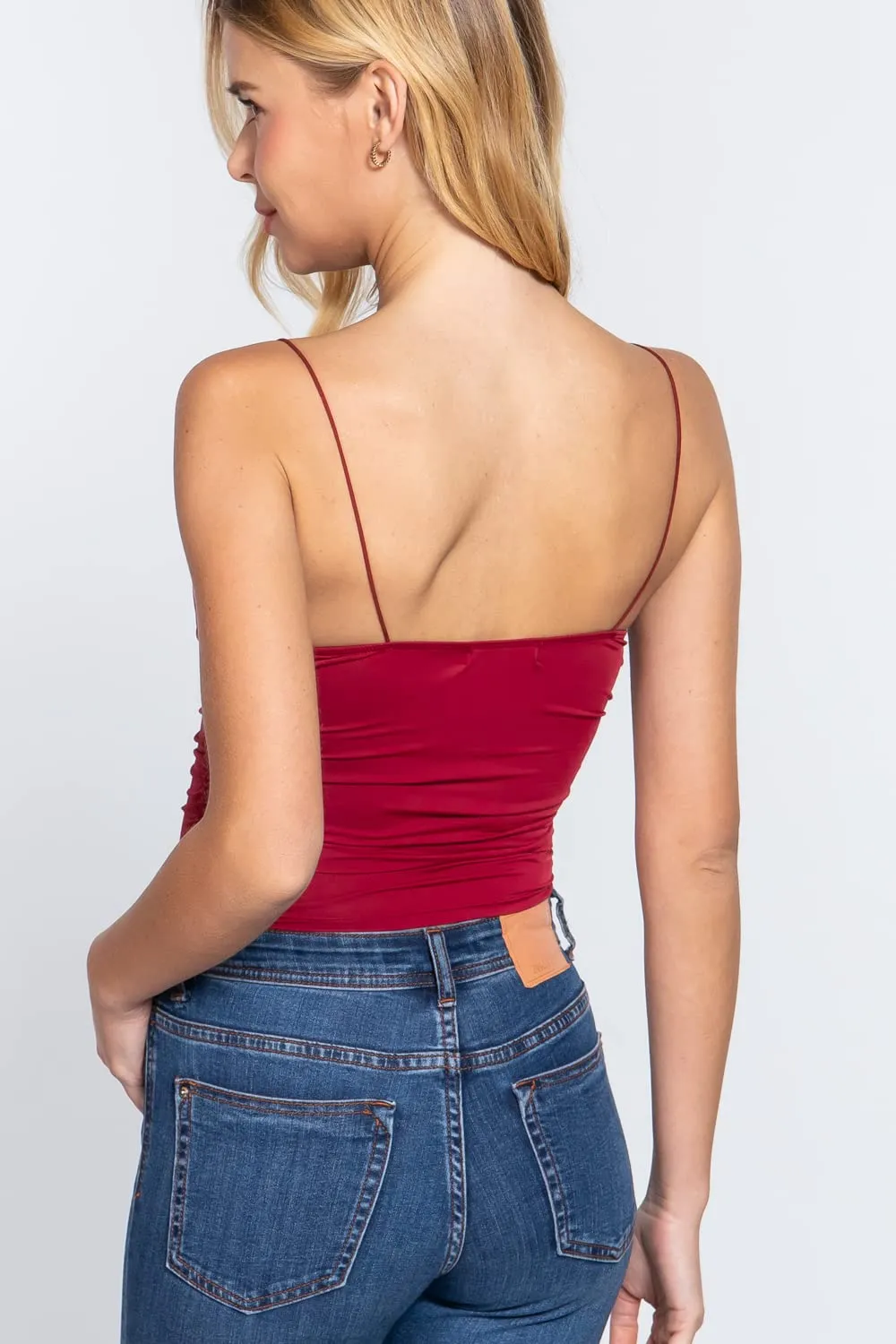 Women's V-Neck Elastic Shoulder Strap Front Ruched Cami Knit Top