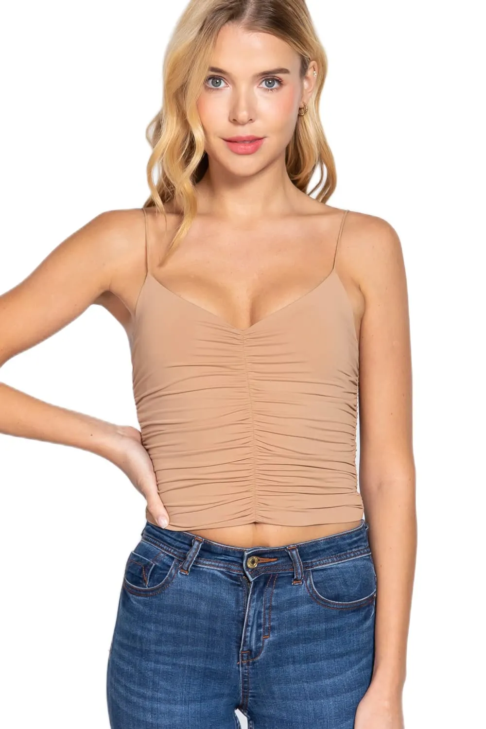 Women's V-Neck Elastic Shoulder Strap Front Ruched Cami Knit Top