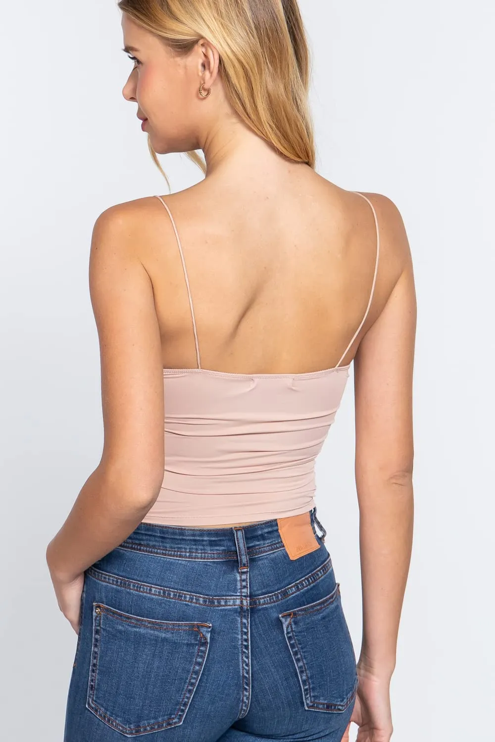 Women's V-Neck Elastic Shoulder Strap Front Ruched Cami Knit Top