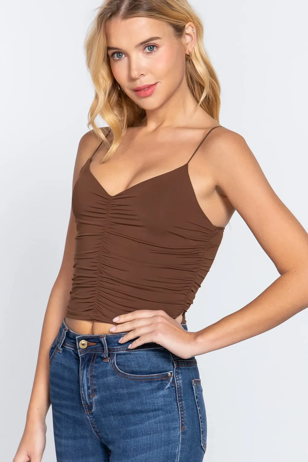 Women's V-Neck Elastic Shoulder Strap Front Ruched Cami Knit Top