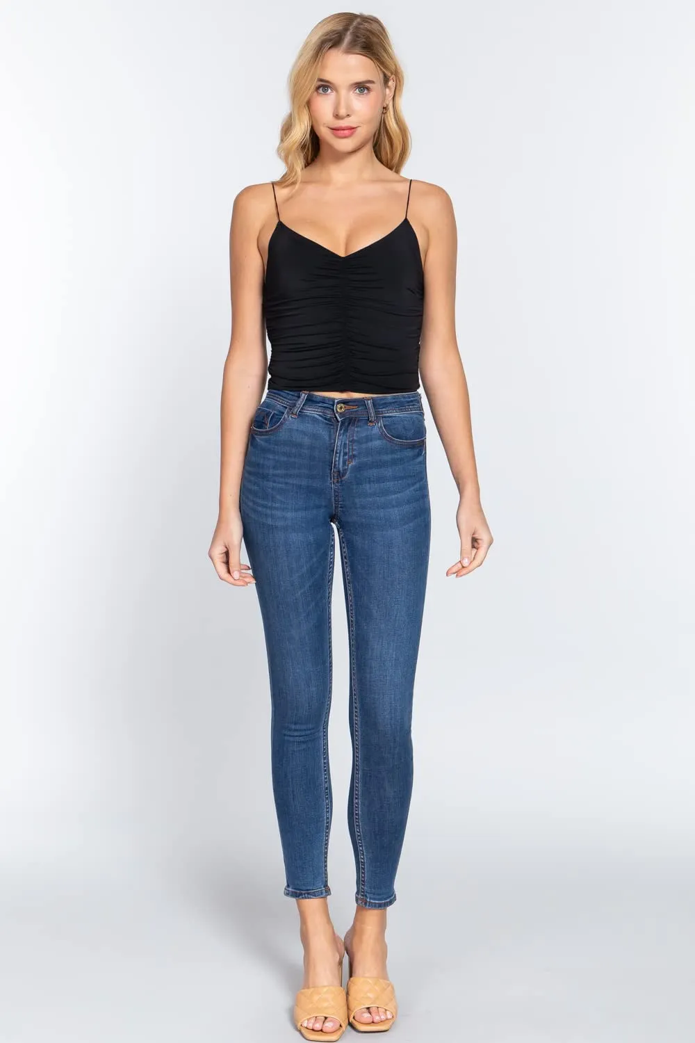 Women's V-Neck Elastic Shoulder Strap Front Ruched Cami Knit Top
