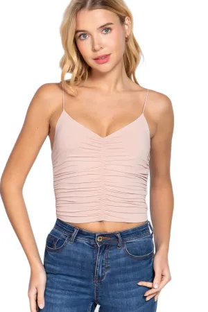 Women's V-Neck Elastic Shoulder Strap Front Ruched Cami Knit Top