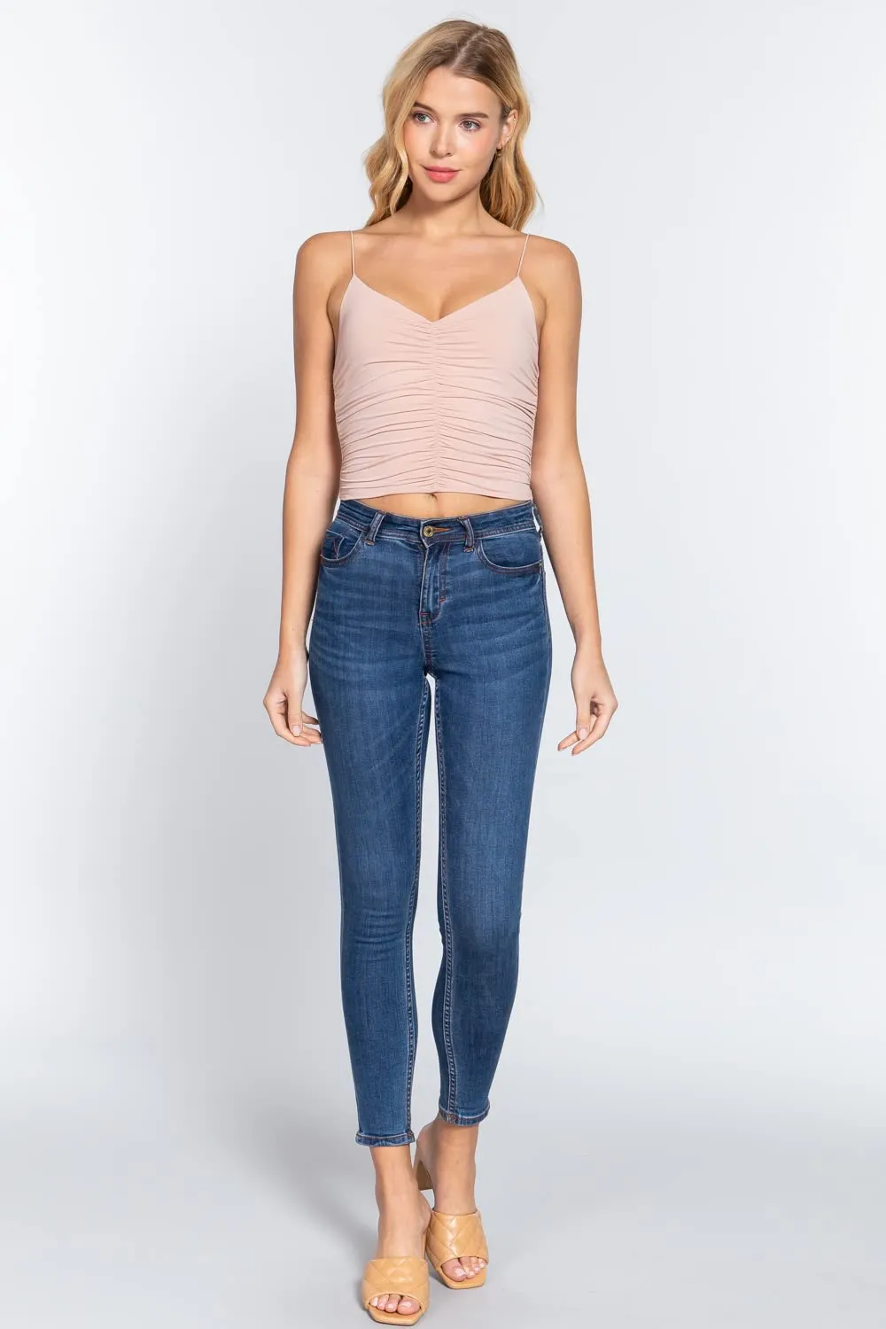 Women's V-Neck Elastic Shoulder Strap Front Ruched Cami Knit Top