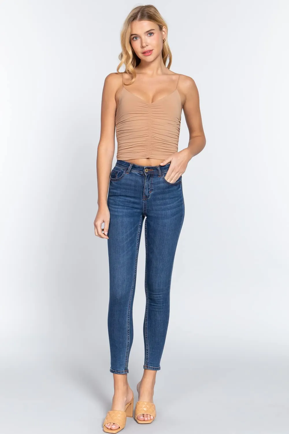 Women's V-Neck Elastic Shoulder Strap Front Ruched Cami Knit Top
