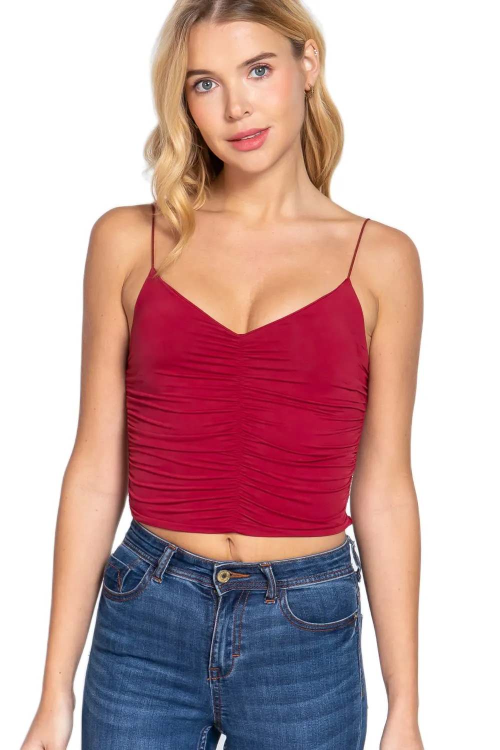 Women's V-Neck Elastic Shoulder Strap Front Ruched Cami Knit Top