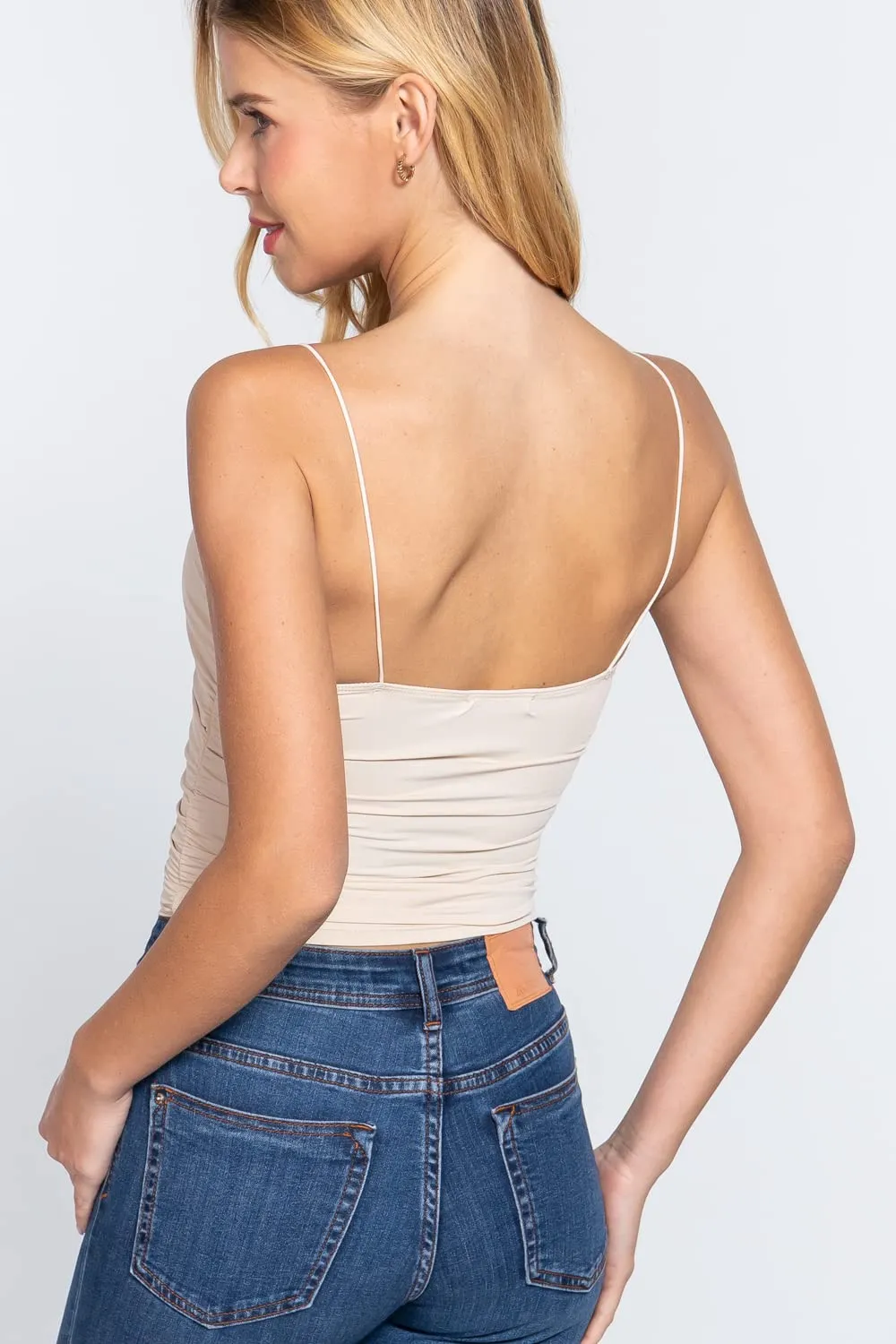Women's V-Neck Elastic Shoulder Strap Front Ruched Cami Knit Top