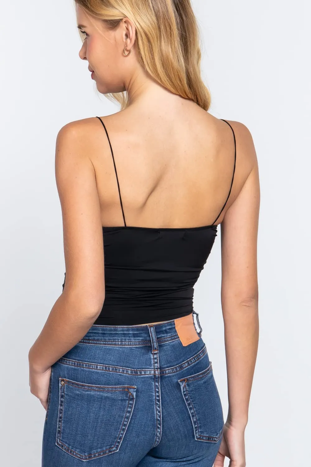 Women's V-Neck Elastic Shoulder Strap Front Ruched Cami Knit Top