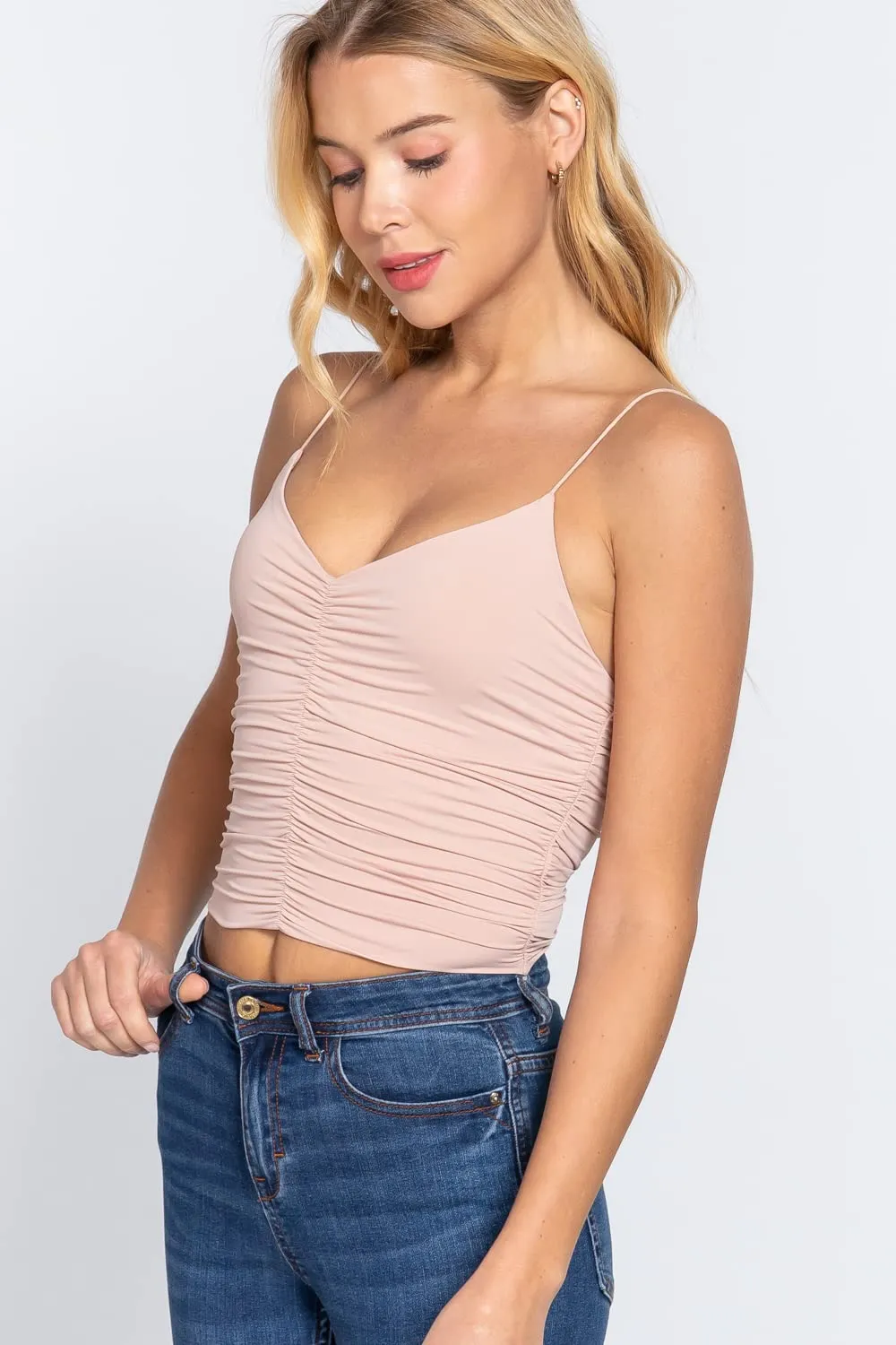 Women's V-Neck Elastic Shoulder Strap Front Ruched Cami Knit Top