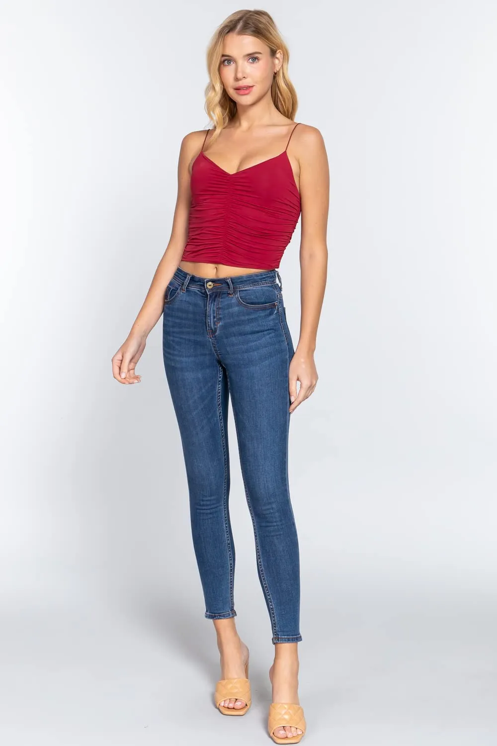 Women's V-Neck Elastic Shoulder Strap Front Ruched Cami Knit Top