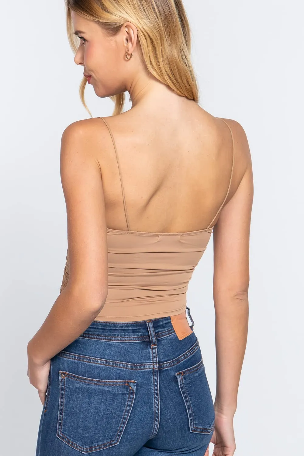 Women's V-Neck Elastic Shoulder Strap Front Ruched Cami Knit Top