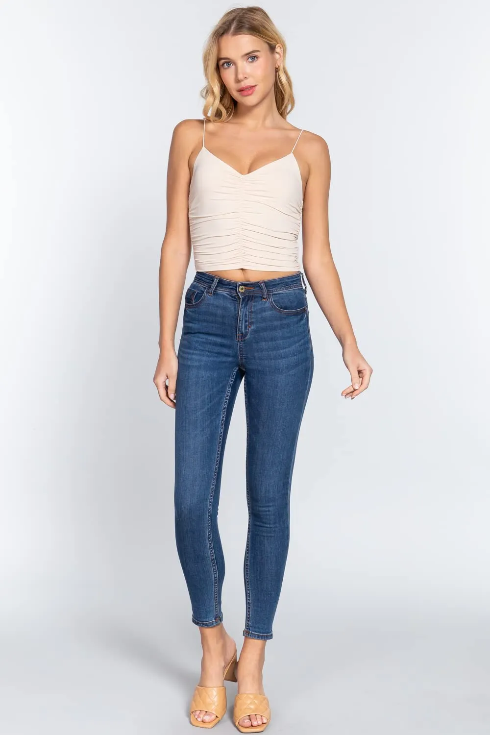 Women's V-Neck Elastic Shoulder Strap Front Ruched Cami Knit Top